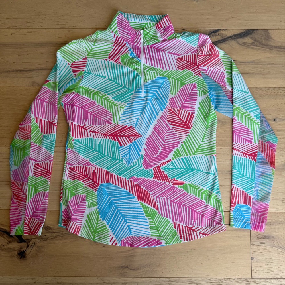 IBKUL Tropical Palm Leaf Print Quarter Zip Sun Shirt UPF 50+ Pink Blue Womens XS
